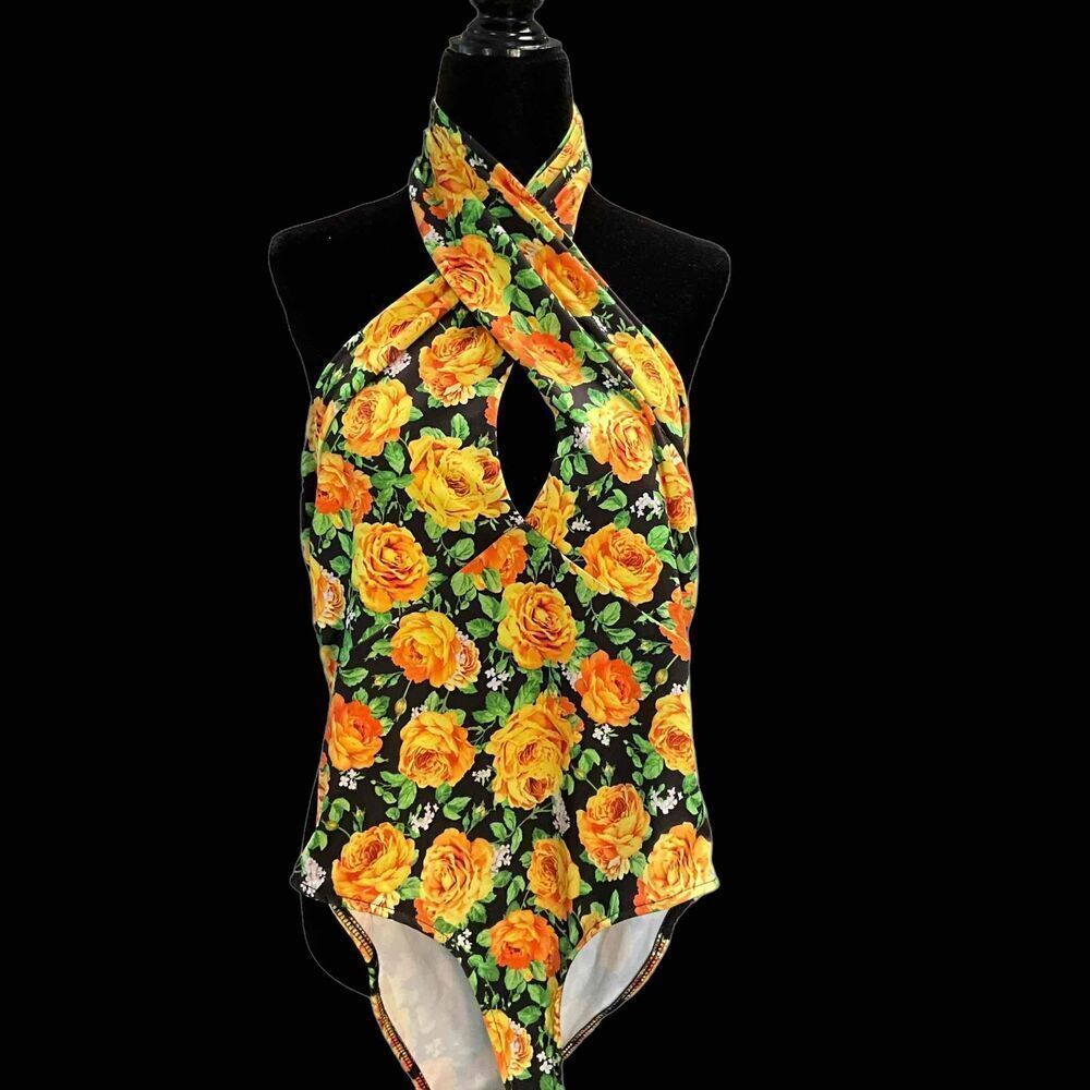 Zara Womens Floral Yellow Keyhole Front Crossover Neckline Halter Bodysuit SZ M